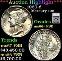 1920-d Mercury Dime 10c Graded ms66+ FSB By SEGS
