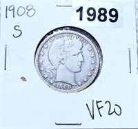 1908-S Barber Silver Quarter NICELY CIRCULATED