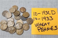 20 Wheat Pennies, (10) 1932-D, (10) 1933