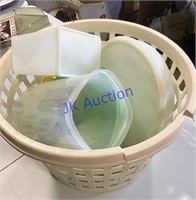 .Laundry basket of Tupperware & storage