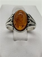 Vintage Sterling Silver Amber Ring