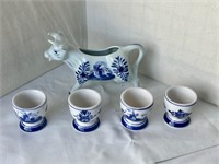 Vtg Delft Blue Handpainted Cow Creamer & Egg Cups