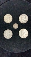 4 Silver Half Dollar Coins & a Silver Dime