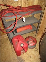 SMALL GRAY SHELF WITH AIR HOSE AND 2 GAS CANS