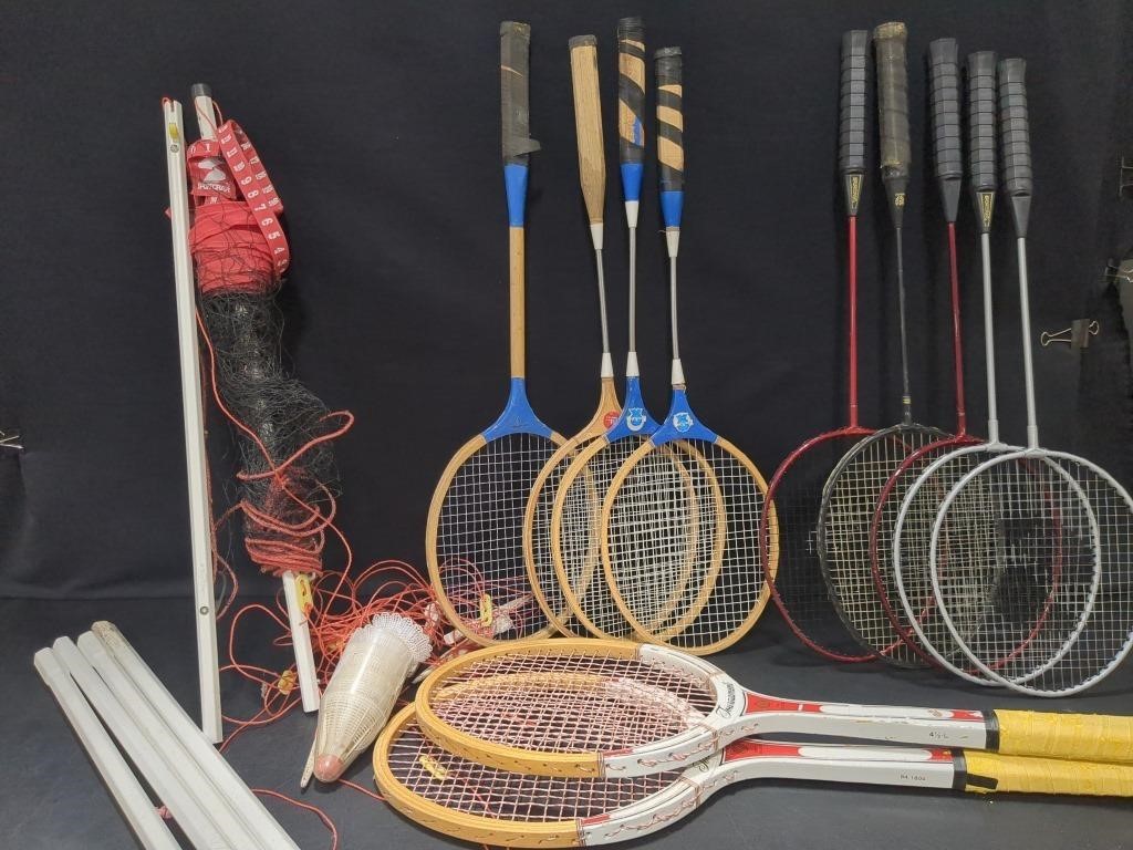 Badminton net, rackets, birdies