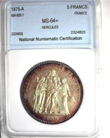 1875-A 5 Francs NNC MS-64+ Hercules