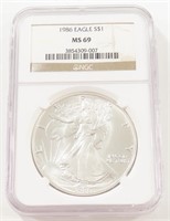 NGC GRADED 1986 SILVER EAGLE MS69 1 OZ 999 SILVER