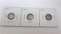 3 Mercury Dimes. 1934-P, 1935-D, 1938-S