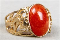 14K Yellow Gold & Orange Jade Dragon Motif Ring