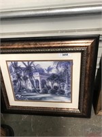 Fancy framed picture(house, palms), 26.5 x 22.5