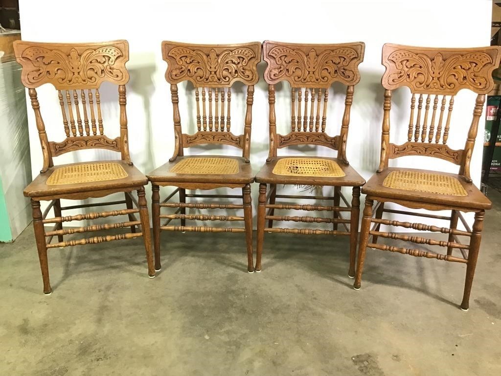 4 Antique Press Back Oak Chairs - Cane Seats
