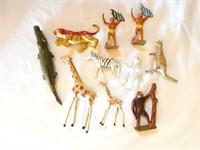 Antique metal toy animals & 2 surfers some marked