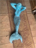 Cast iron sitting mermaid sculpture, blue, 38" lon