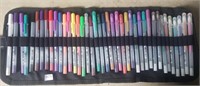 Large Lot of Colored Gelly Pens in Roll Up Case