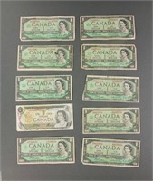 10 PC Canadian 1967 and 1978 One Dollar Bill