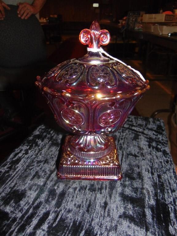 Red Carnival Signed Fenton Candy Compote W/Lid