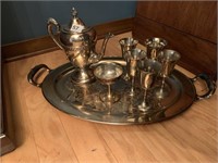 SILVERPLATE TEAPOT, TRAY, GLASSES