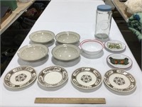 Plates & bowls lot w/glass canister