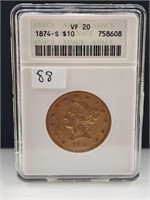 1874-S $10 Liberty Gold ANACS VF20