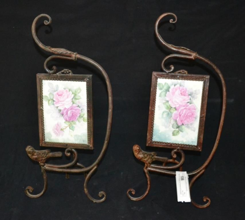 Pair 20" Wrought Iron Frames & Porcelain Paintings