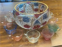 Red, Blue & Gold Crystal Bowl & Cups