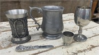 Misc Pewter Pieces, Stein, Spreader, Shot Glass,