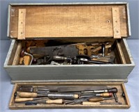 Antique Wood Carpenters Chest & Tools