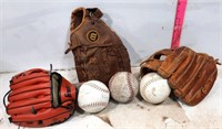 3 Baseball Gloves & 3 Softballs