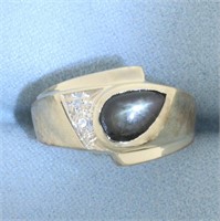 Natural Black Star Sapphire and Diamond Ring in 14