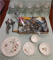 Kitchen utensils, grinder, glass canisters,