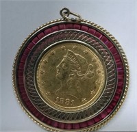 1881 $10 GOLD PIECE SET W/CHANNEL CUT RUBIES