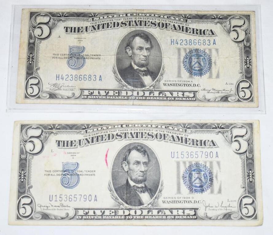 LOT - TWO 1934 FIVE DOLLAR SILVER CERTIFICATES