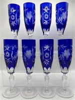 Cobalt blue cut to clear crystal champagne flutes