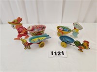 4 Vintage Tin Rabbit, Rooster Toys