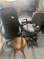 2 ROLLING OFFICE CHAIRS, CARVED WOOD W/ CLAWFOOT