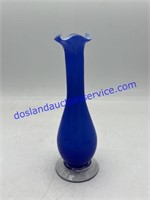 Art Glass Blue White Cased Clear Base Bud Vase