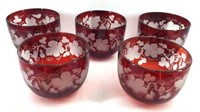 5 Ruby Glass Bowls with Grape Vine Motif