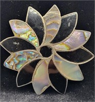 Sterling .925, Abalone & Onyx Flower Brooch