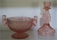 Vintage Pink Glass Bowl & Candle Stick Holder