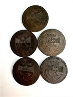 Five Asst 1790s Kent Canterbury 1/2 Pennies/Tokens