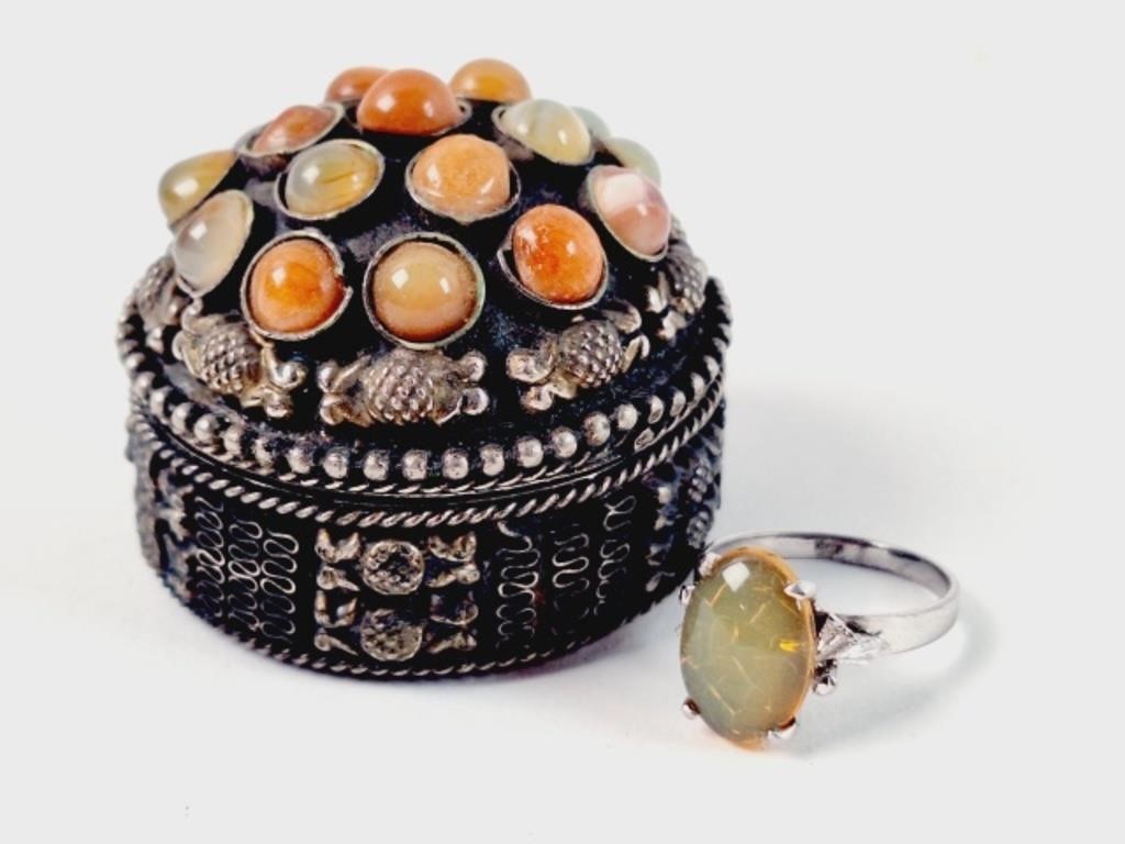Agate Decorated Ring Box & Stone Ring
