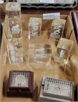 HEAVY GLASS PAPERWEIGHTS & 2 LIGHTED STANDS