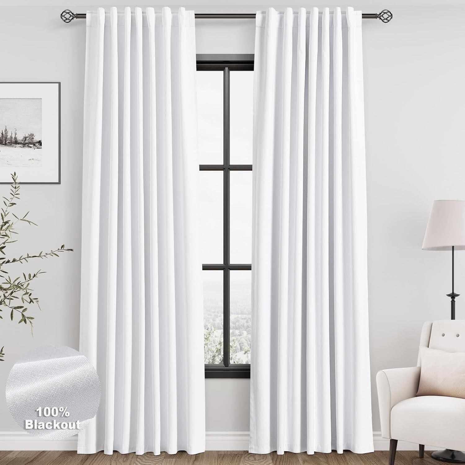 White Linen Blackout Curtains 84\  2 Panels