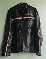 C9) Woman's XL Black Leather Jacket with pink trim