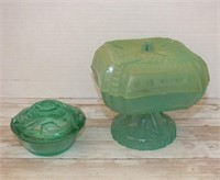GREEN GLASS TRINKET BOX & PLASTIC CANDY DISH