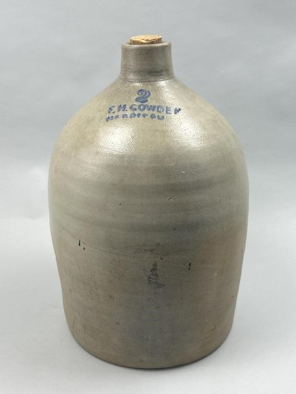 F.H. Cowden 2-Gallon Stoneware Jug.