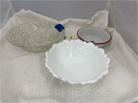 Graniteware Bowl- Milk glass Bowl & Glass Bowl