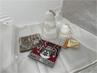 2 Ceramic Trivets & 2 Tesa Hand painted Bells