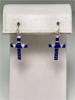 Sterling Lapis/White Opal Cross Earrings 3 Grams