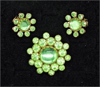 Vintage Green Pin & Earrings-Uranium Glass